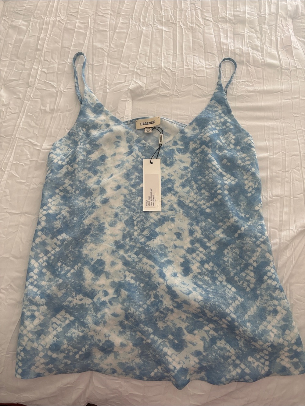 L'AGENCE Light Blue and White Tie-Dye Silk Tank